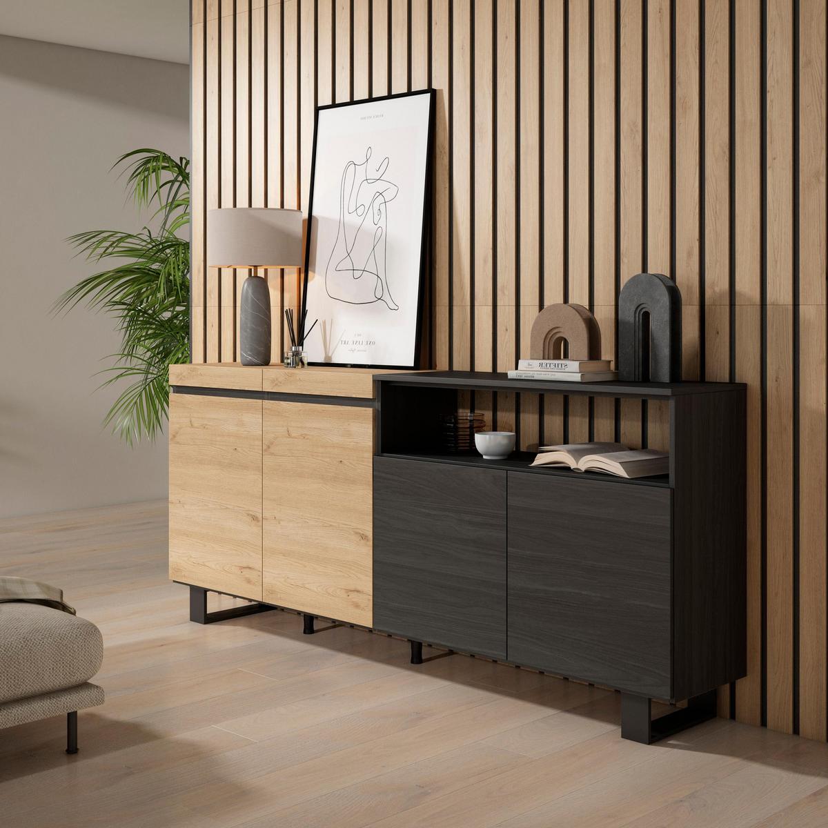 SIDEBOARD eiche, schwarz, 200/35/87cm - Multicolor, Holzwerkstoff (200/87/35cm) - Skraut Home