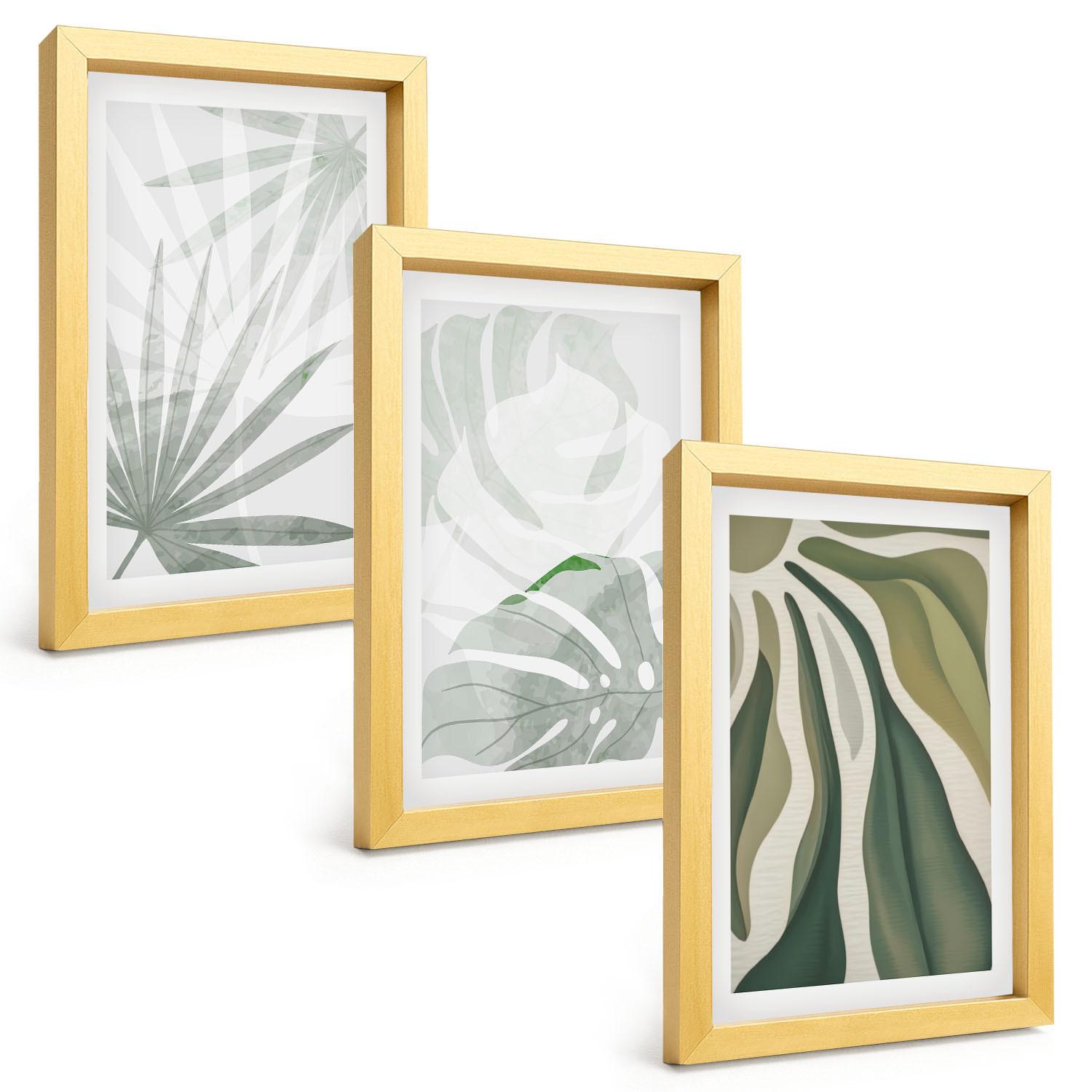 BILDER SET 3er Set - 20x30 cm Goldrahmen - Blätter von Pflanzen in Grün und Grau - Goldfarben, Kunststoff (20/30cm) - TULUP