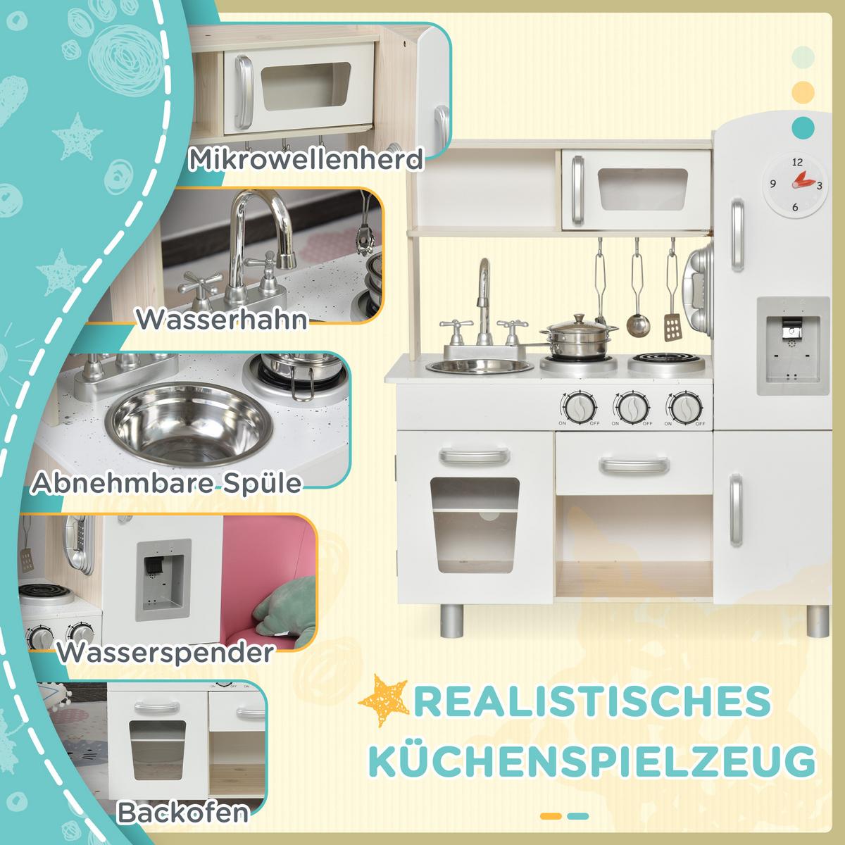 KINDERKÜCHE mit Zubehör Traumküche Spielküche Spielzeugküche Kiefer MDF Weiß - Weiß, Holzwerkstoff (74/30/81cm) - HOMCOM