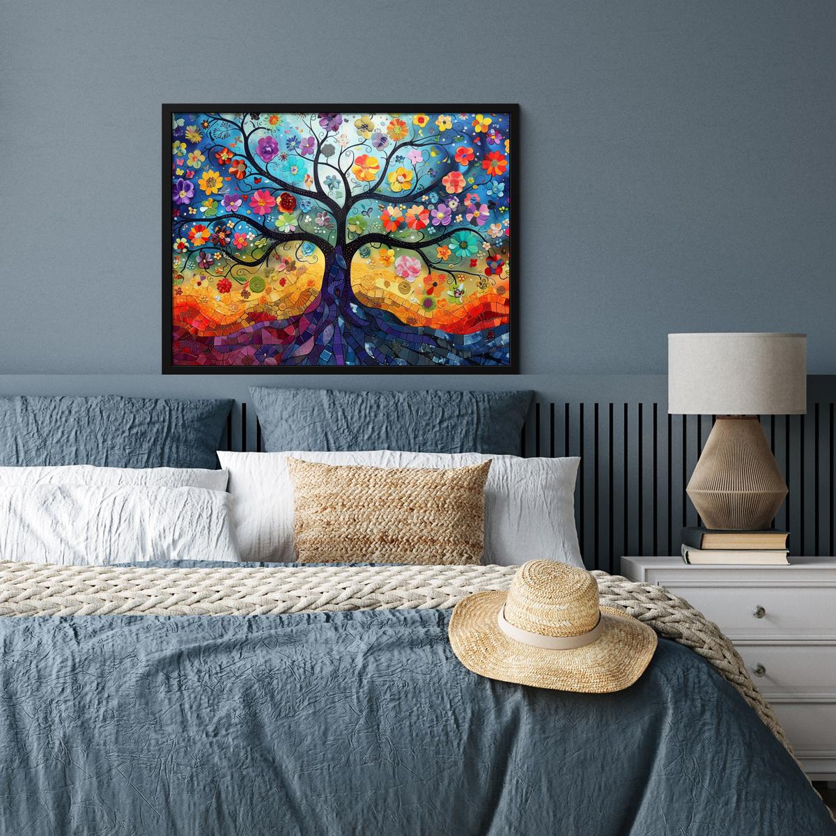 POSTER MIT RAHMENGERAHMTES BILD Kunst - Baum des Lebens - Blumen - Hippie 80x60 cm - Dunkelblau, Papier (80/60cm) - MuchoWow