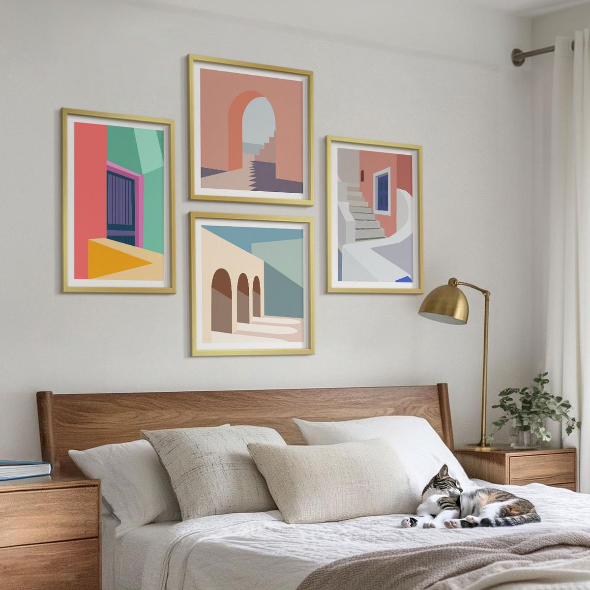 BILDER SET 4er Set - 50x50 cm & 40x60 cm Goldrahmen - Farbenfrohe moderne Gebäude - Goldfarben, Kunststoff (50/50cm) - TULUP