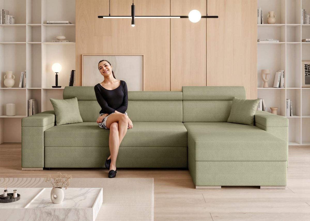 ECKSOFA AISHA Rechts mit Schlaffunktion und Bettkasten Grün - Chromfarben/Grün, Kunststoff/Textil (250/130cm) - Idohome