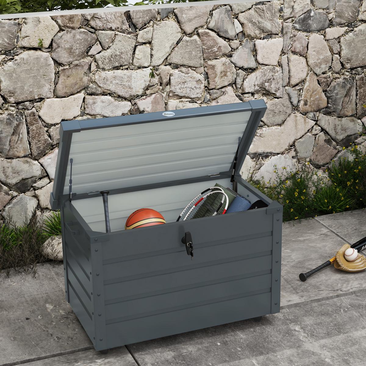 AUFBEWAHRUNGSKISTE mit Rollen mit Schloss, für Balkon, Terrasse, Stahl, Dunkelgrau - Dunkelgrau, Metall (62/65/100cm) - Outsunny