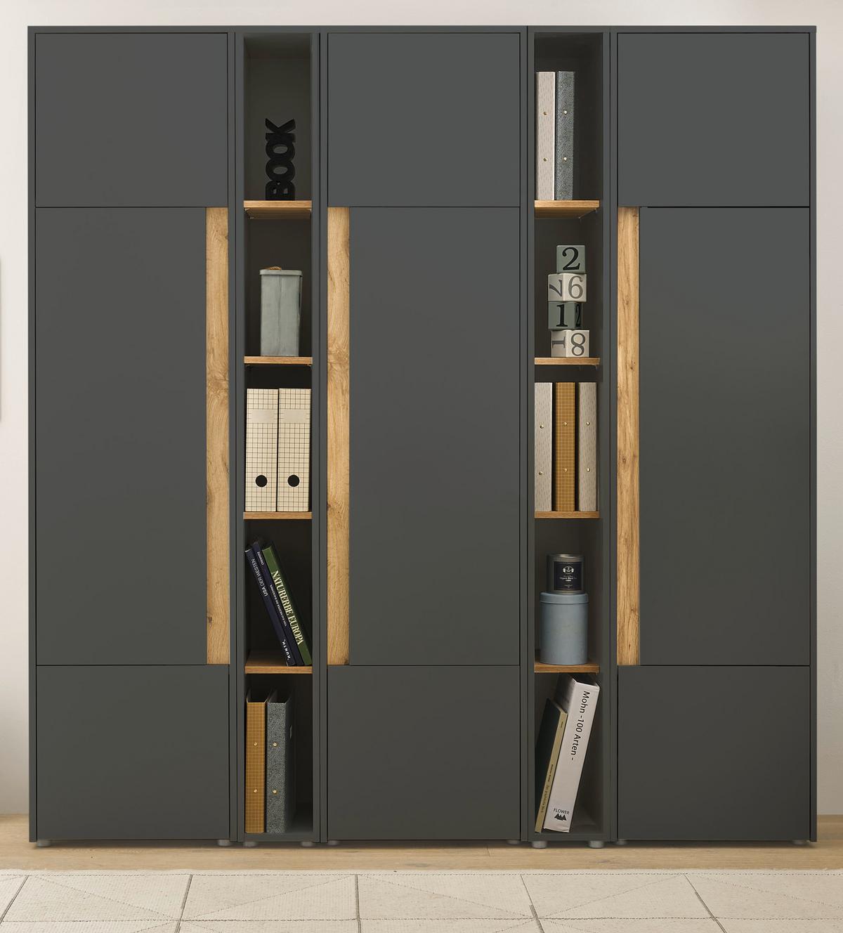 AKTENSCHRANK Set 5-teilig grau matt, Eiche Wotan 190 x 200 cm, Schrank-Regal-Kombination mit 25 Fächern - Eiche Wotan/Schwarz, Holzwerkstoff/Kunststoff (190/200/40cm) - Furn.Design