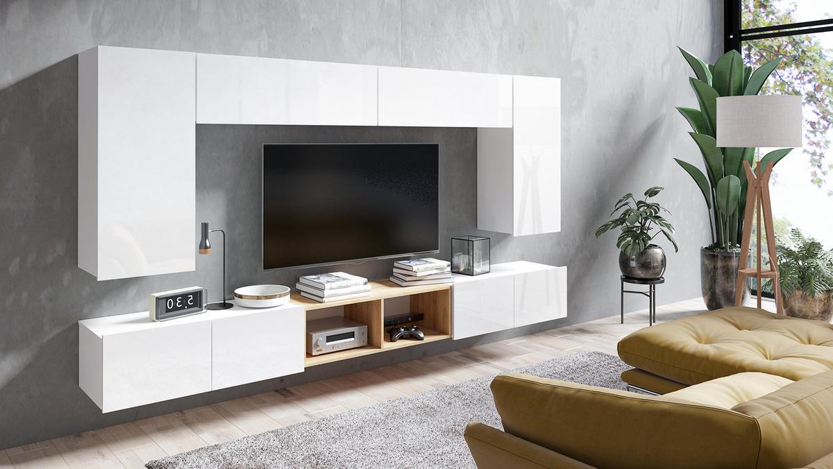 WOHNWAND Kossana 23 Modern Weiß/Goldene Eiche 300/43/154 cm TV Möbel - Weiß, Holzwerkstoff/Kunststoff (300/156/43cm) - AX Living