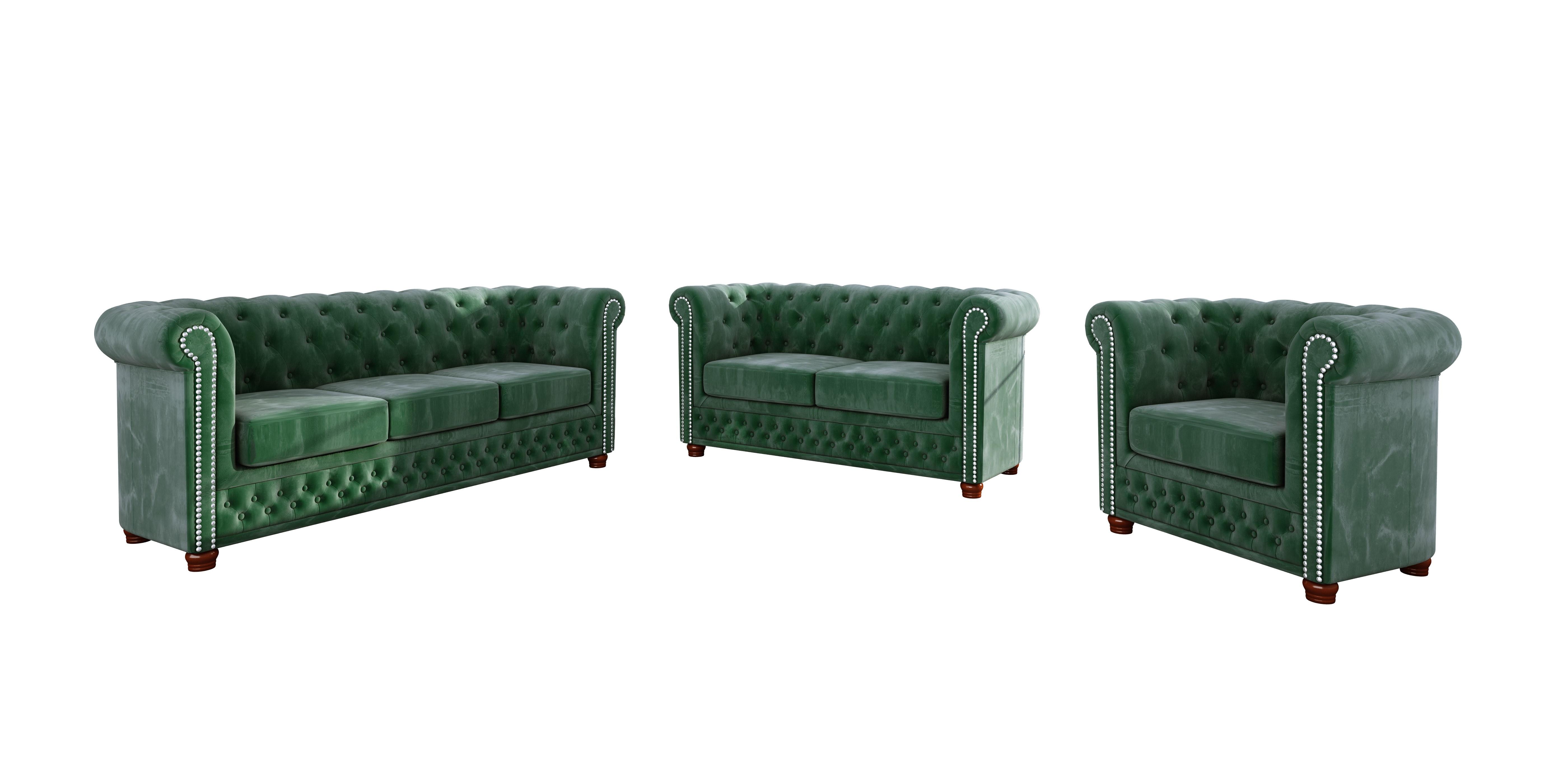 SITZGARNITUR 3+2+1 Chesterfield Lauren Flasche grün Samt - Smaragdgrün/Braun, Holz/Textil (203/72/86cm) - S-Style Möbel