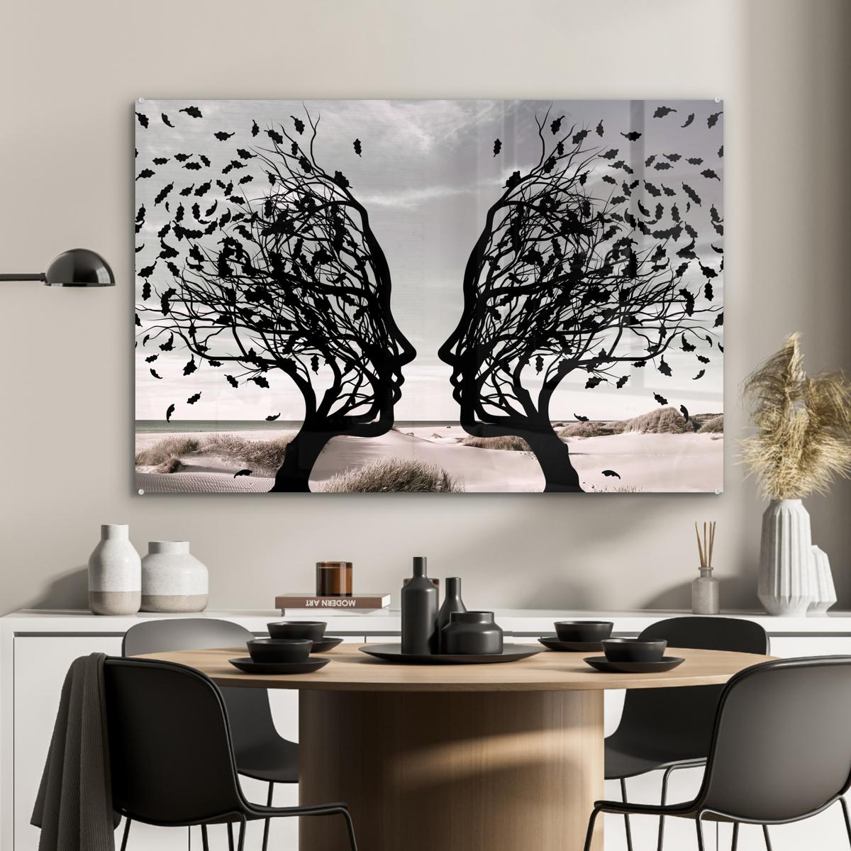 ACRYLGLASBILD Strand - Meer - Menschen - Baum - Moderne Kunst Room Decor 90x60 cm - Hellgrau, Glas (90/60cm) - MuchoWow