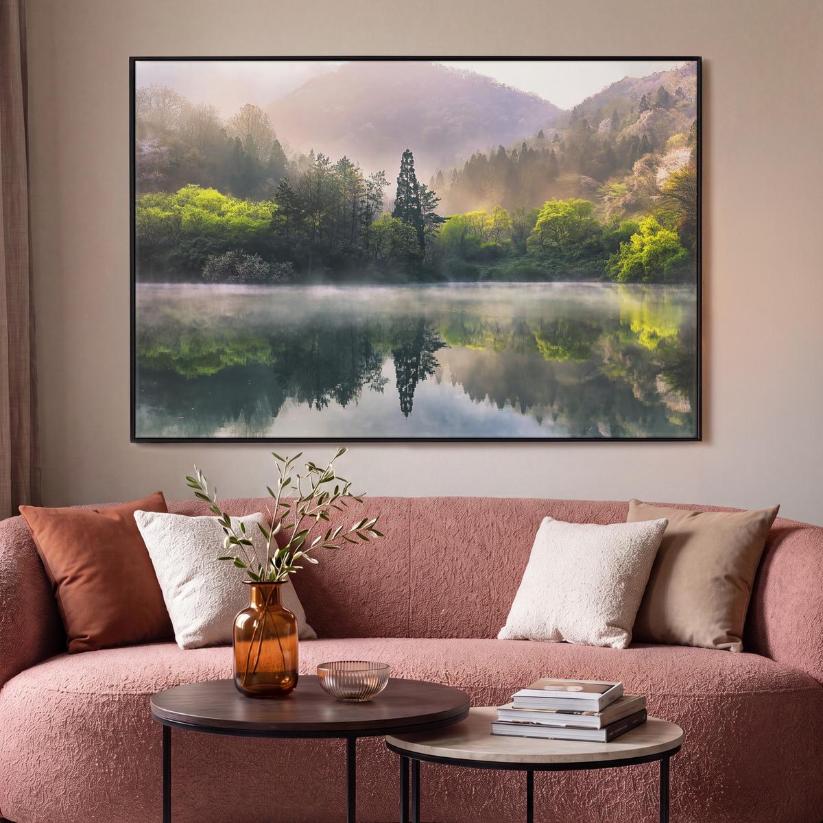 LEINWAND Bilder mit Rahmen - Natur - Bäume - Berge - See - Wasser - 140x90 - Hellgrün, Textil (140/90cm) - MuchoWow