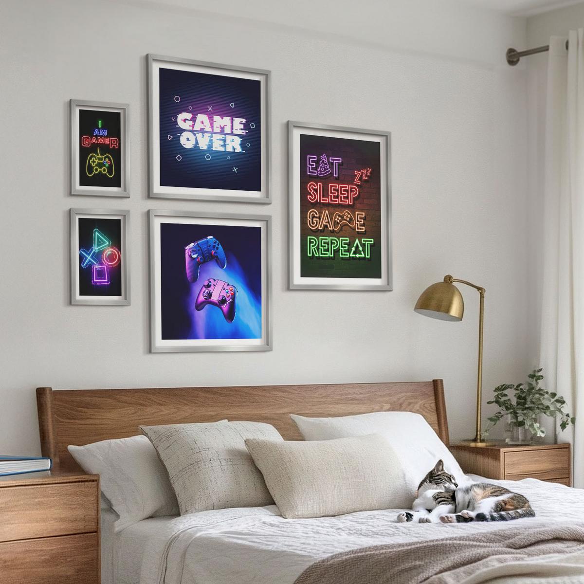 BILDER SET 5er Set - 50x50 cm & 20x30 cm & 40x60 cm Silberner Rahmen - Gamepads, Spielersymbol-Untertitel - Silberfarben, Kunststoff (40/60cm) - TULUP