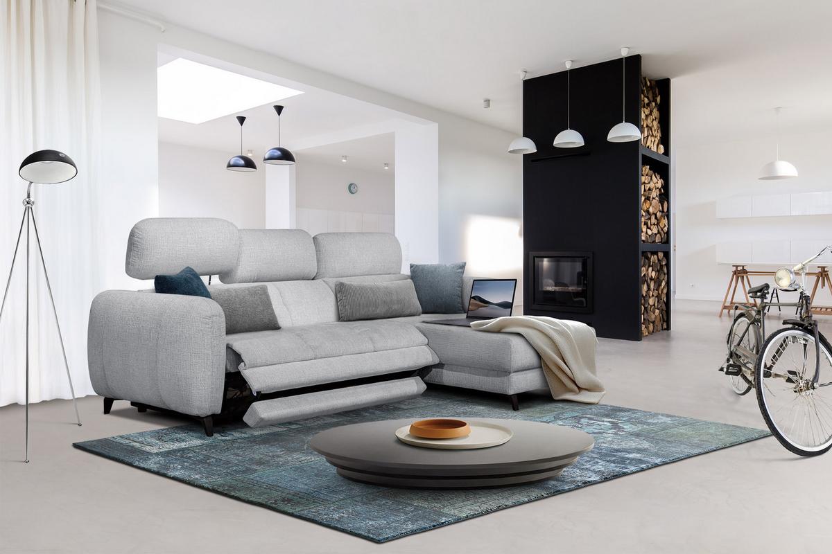 ECKSOFA SVEN 3-Sitzer, 1 Relax XL, verstellbare Kopfstützen, hellgrau - Hellgrau/Schwarz, Holzwerkstoff/Textil (256/163cm) - Wozimo