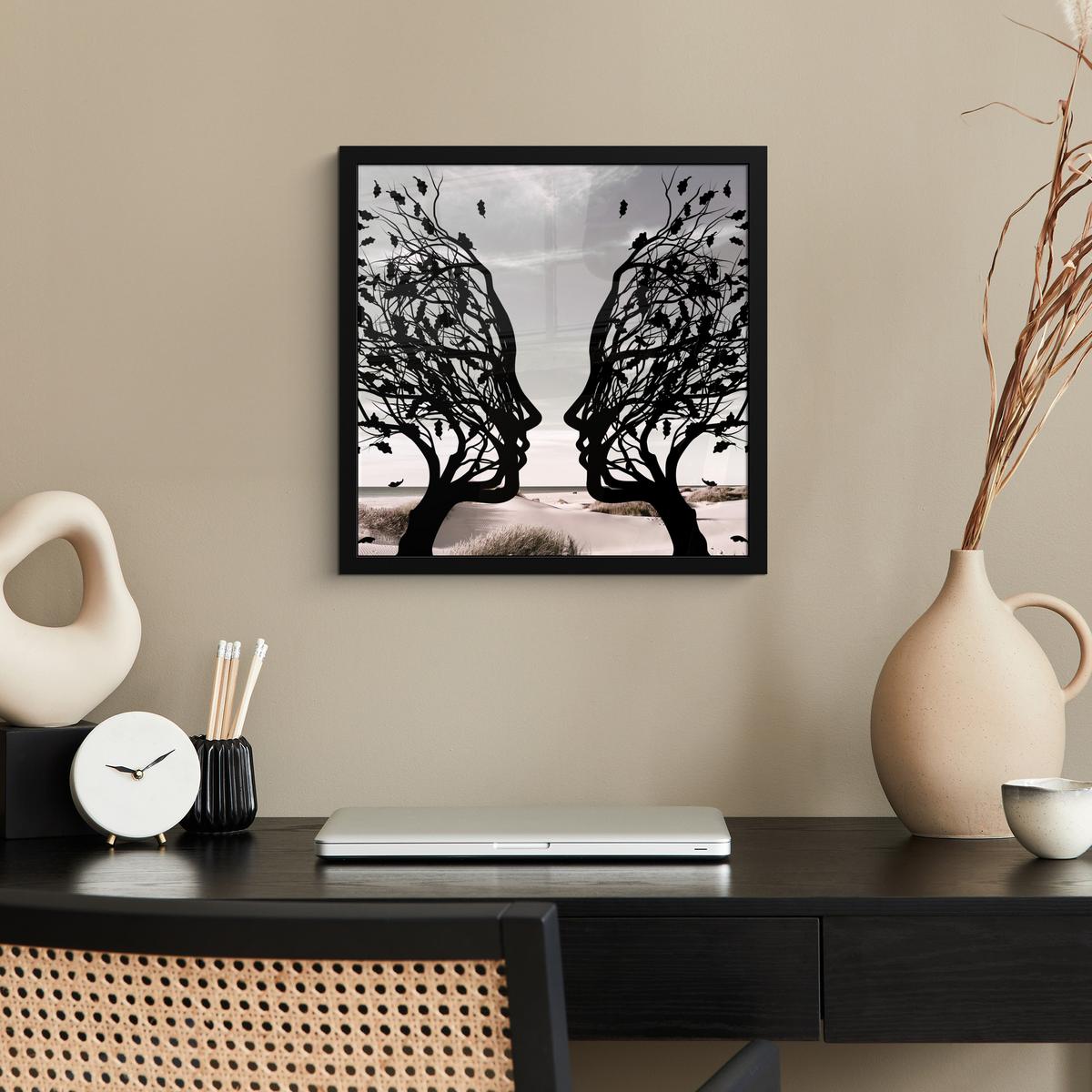 POSTER MIT RAHMENGERAHMTES BILD Strand - Meer - Menschen - Baum - Moderne Kunst 40x40 cm - Hellgrau, Papier (40/40cm) - MuchoWow