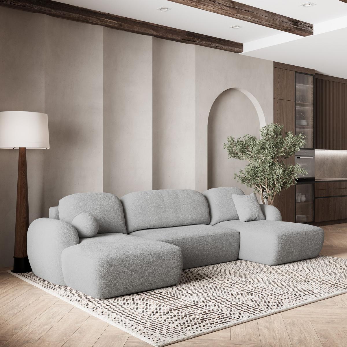 WOHNLANDSCHAFT SAVONA N Hellgrau Boucle-Stoff mit Schlaffunktion - Hellgrau/Schwarz, Holz/Kunststoff (320/90/148cm) - MASSENO