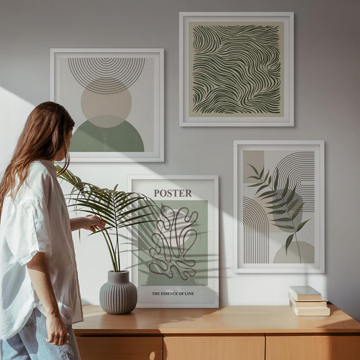 BILDER SET 4er Set - 50x50 cm & 40x60 cm Weißer Rahmen - Geometrische botanische Muster - Weiß, Kunststoff (50/50cm) - TULUP
