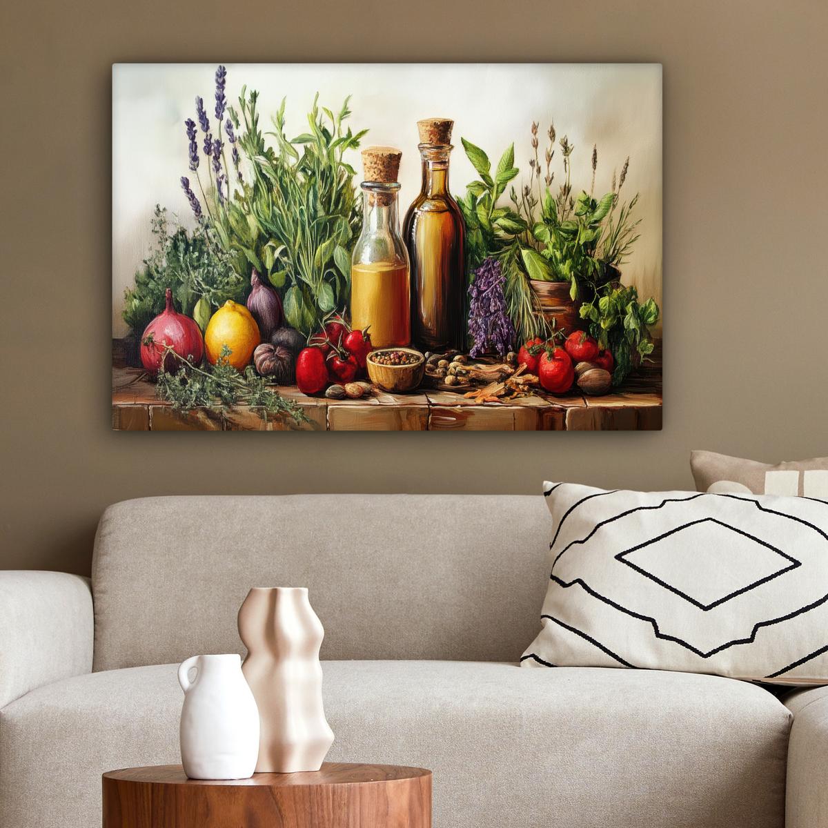LEINWANDBILD Stilleben - Kräuter - Gewürze - Früchte - Farbenfroh Wanddeko 90x60 cm - Grün, Textil (90/60cm) - MuchoWow