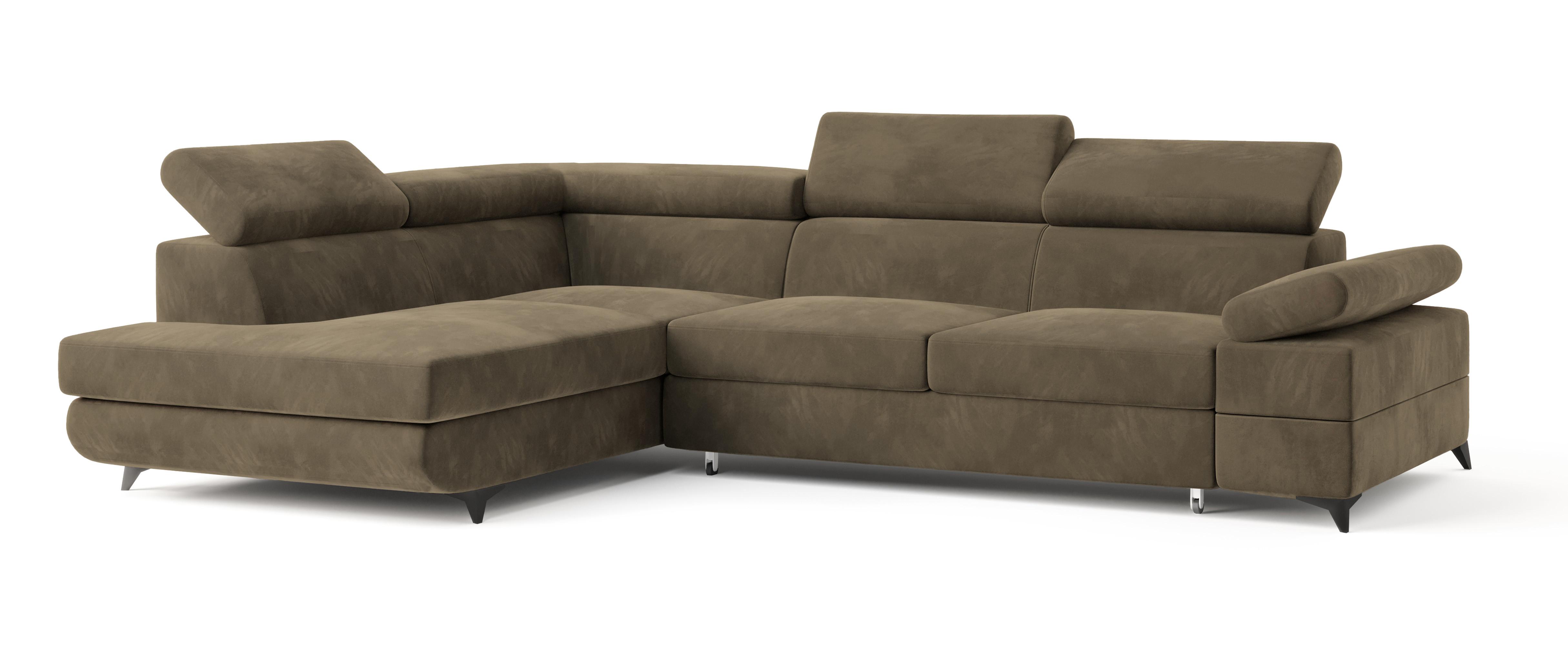 ECKSOFA FAVIEN L-S Beige Velours-Stoff mit Schlaffunktion - Beige, Holz (257/190cm) - MASSENO