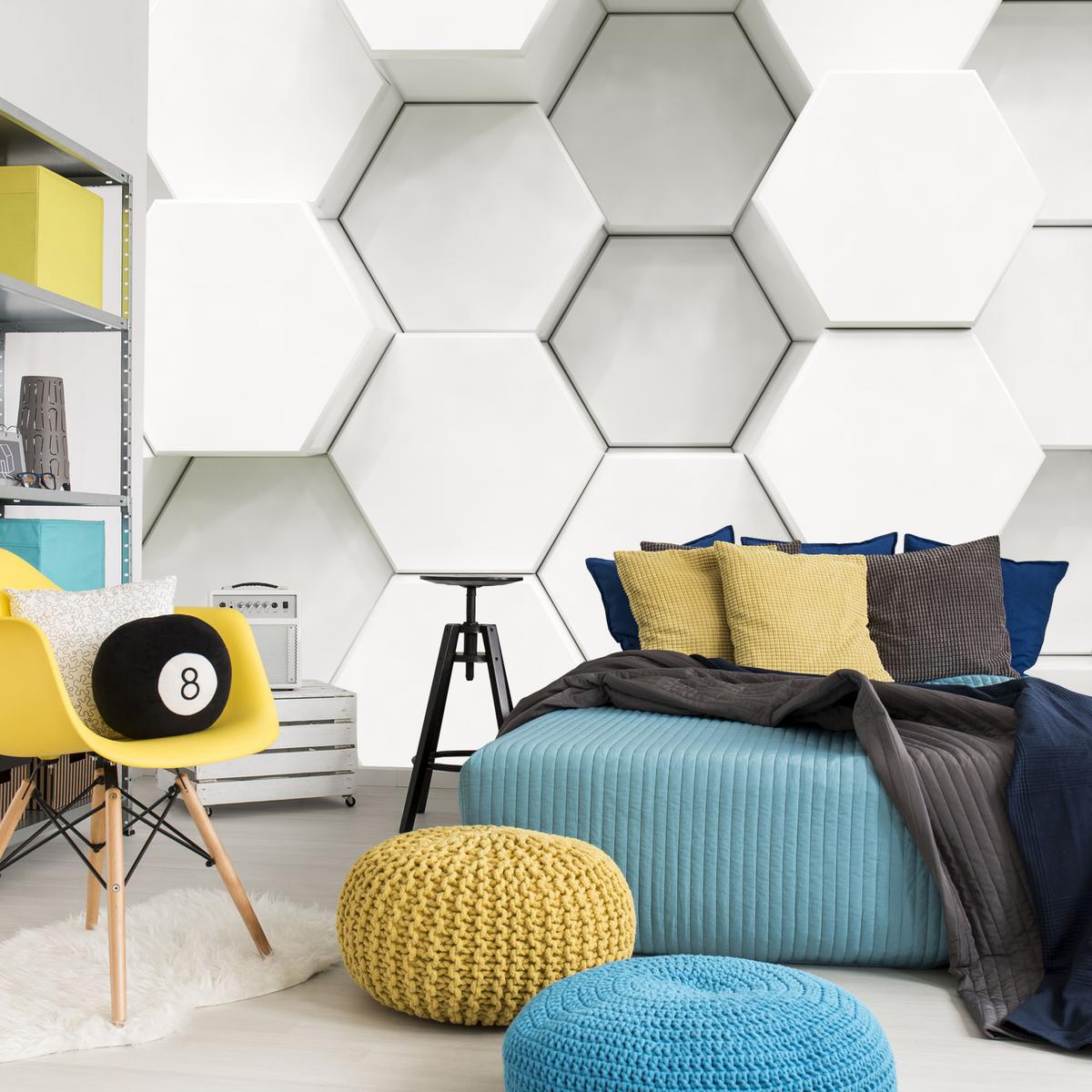 FOTOTAPETE für Wohnzimmer Hexagone Formen Geometrie 200x140 - Weiß/Grau, Papier (200/140cm) - Muralo