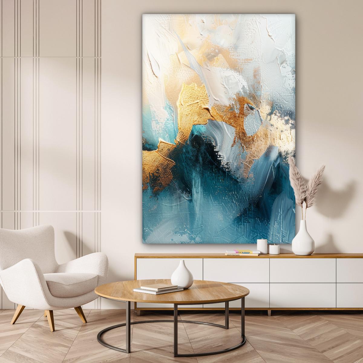 LEINWANDBILD Abstrakt - Kunst - Gold - Blau Deko Groß 90x140 cm - Petrol, Textil (90/140cm) - MuchoWow