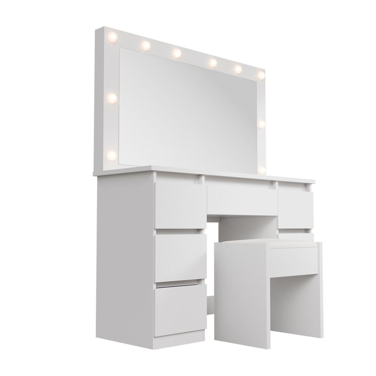 SCHMINKTISCH Lilia weiß mit LED-Beleuchtung und Hocker Melly - Weiß, Holz (108/140/41cm) - Juskys