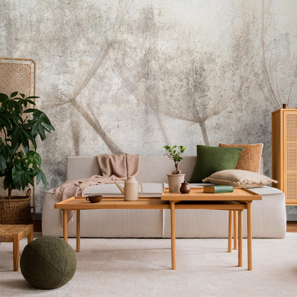 FOTOTAPETE für Wohnzimmer Zarter Skizze Löwenzahn Grauer Beton Minimalistisch 150x105 - Beige/Braun, Papier (150/105cm) - Muralo