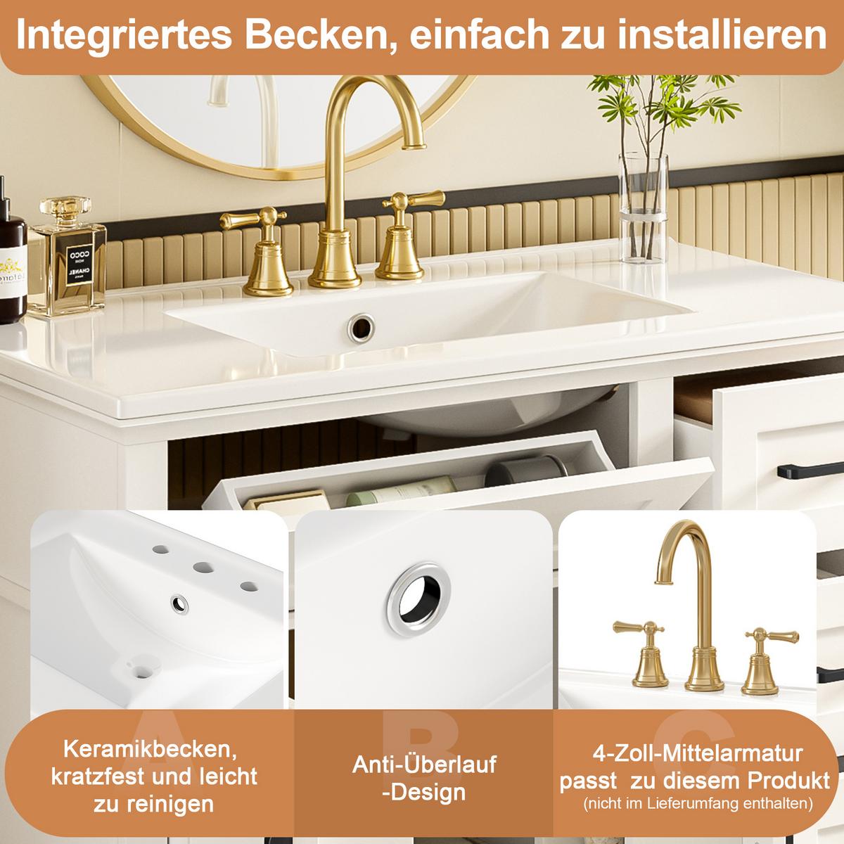 WASCHTISCH Weiß mit schwarzen Griffen, 5 Schubladen & Türregal - Weiß, Holzwerkstoff (90/87/46cm) - Urban Meuble
