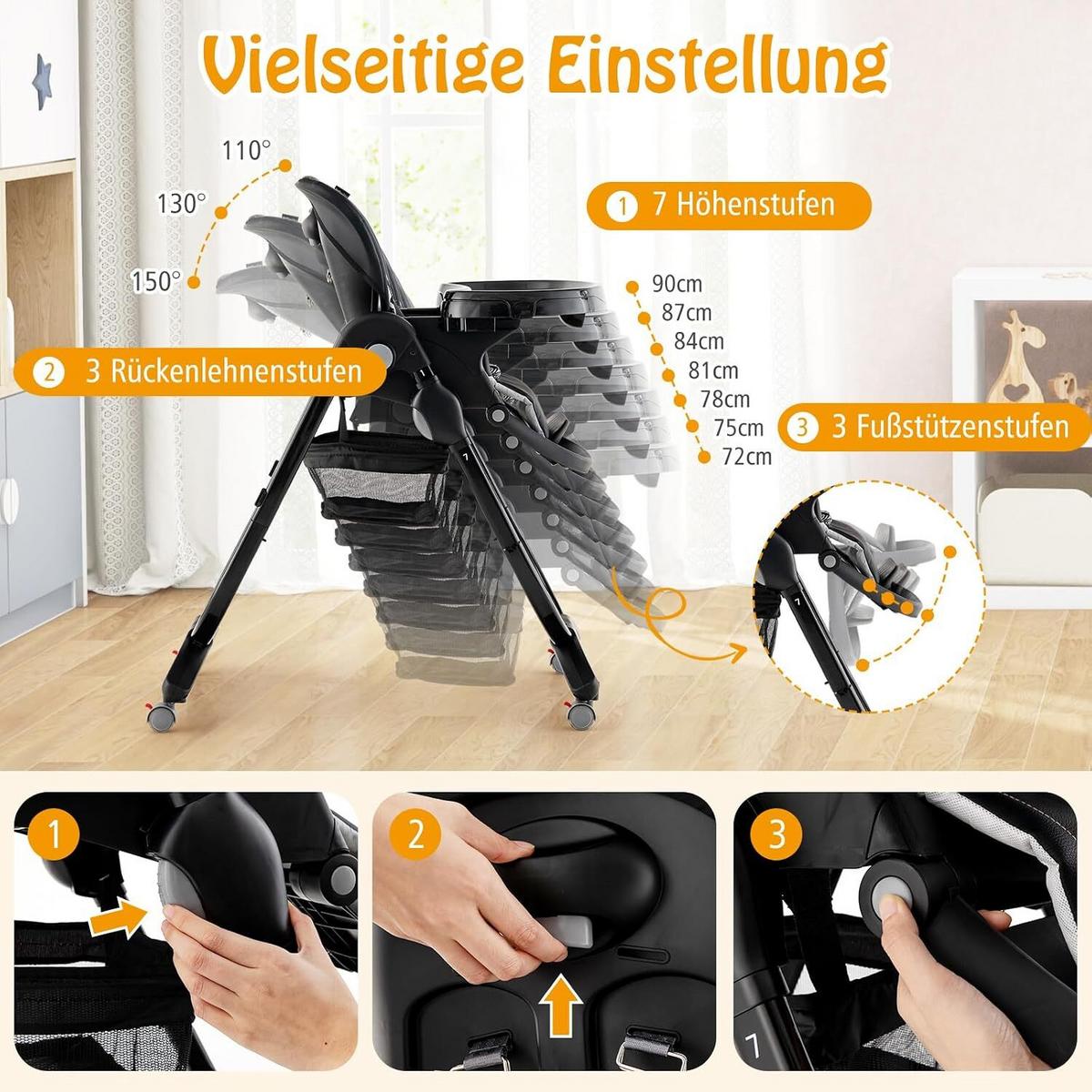 KINDERHOCHSTUHL Höhenverstellbar schwarz - Schwarz, Kunststoff (102/92/55cm) - COSTWAY