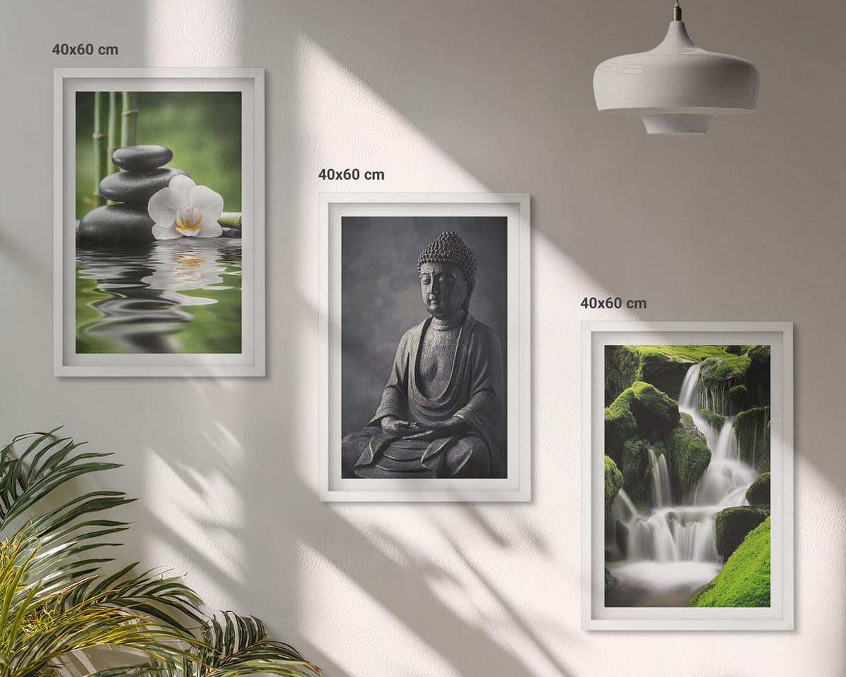 BILDER SET 3er Set - 40x60 cm Weißer Rahmen - Entspannende Zen-Wassermalerei - Weiß, Kunststoff (40/60cm) - TULUP