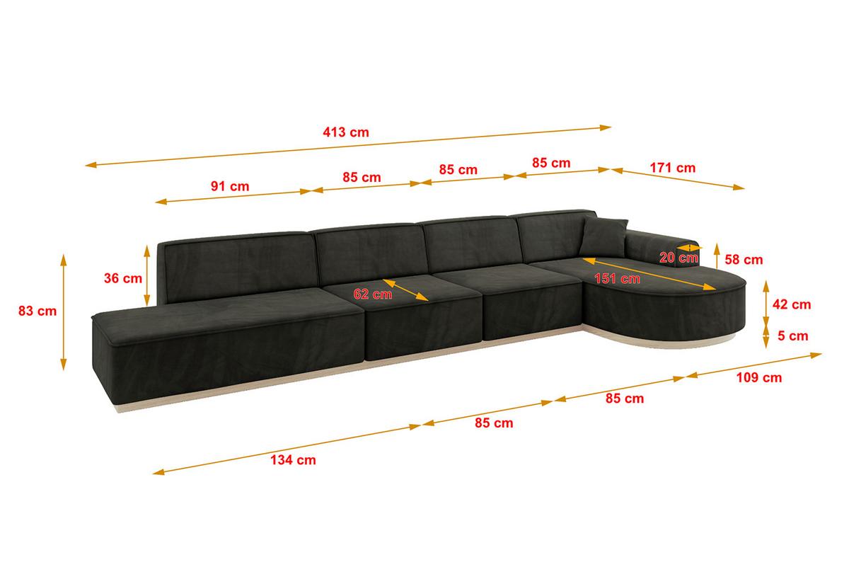 ECKSOFA Ottomane Rechts ARRIO-L3 - 413x171x83 cm Schwarz - Schwarz, Holzwerkstoff/Textil (413/171cm) - ALTDECOR