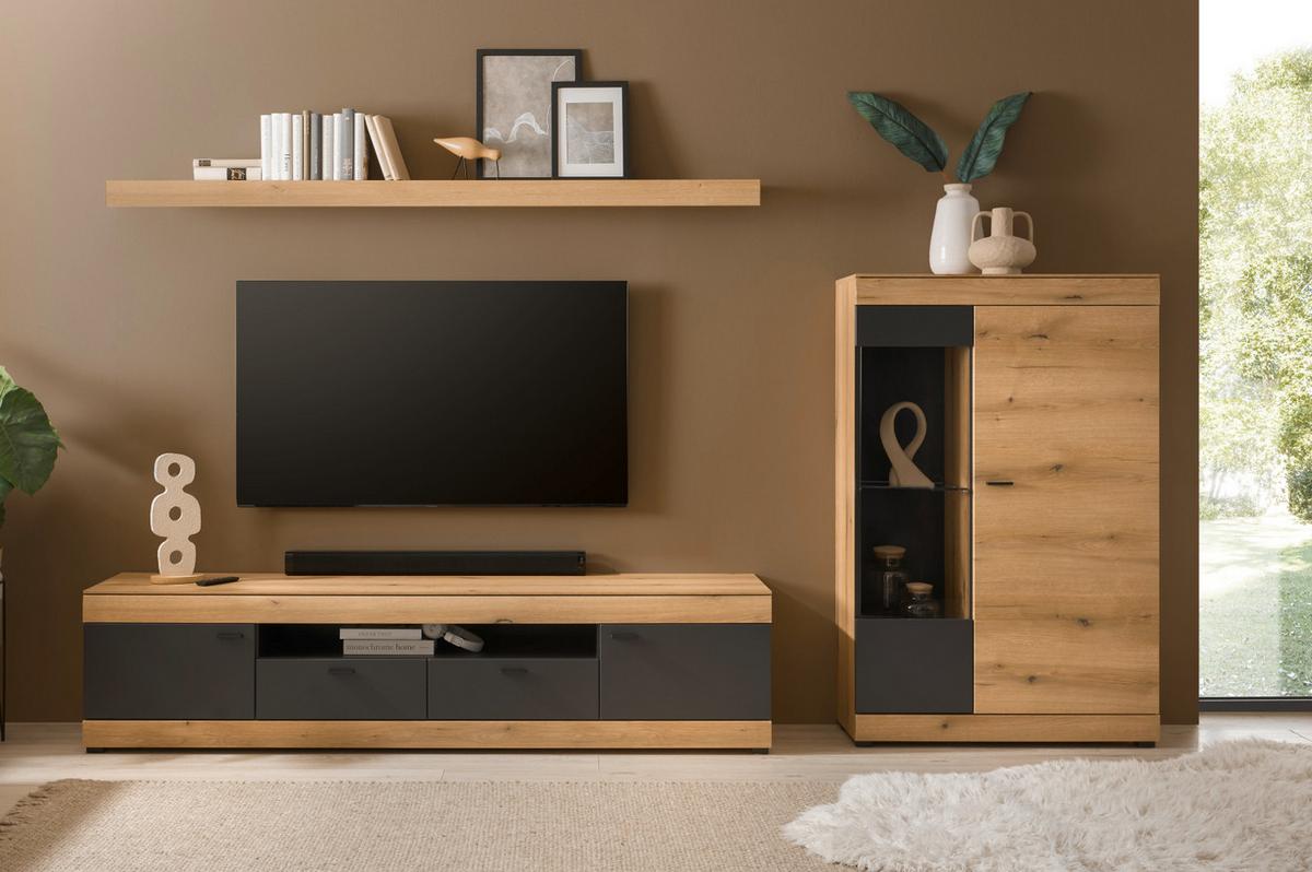 VITRINE in Eiche, grau 90 x 151 cm, Highboard mit Soft-Close - Kaschmir/Eichefarben, Glas/Holzwerkstoff (90/141/35cm) - Furn.Design