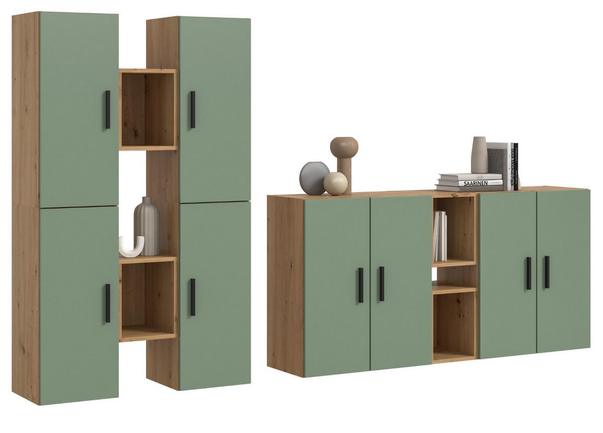 WOHNWAND grün, Eiche Artisan 259 x 184 cm, Wohnkombination hängend / stehend - Schwarz/Eiche Artisan, Holzwerkstoff/Kunststoff (259/151/34cm) - Inn.Furn