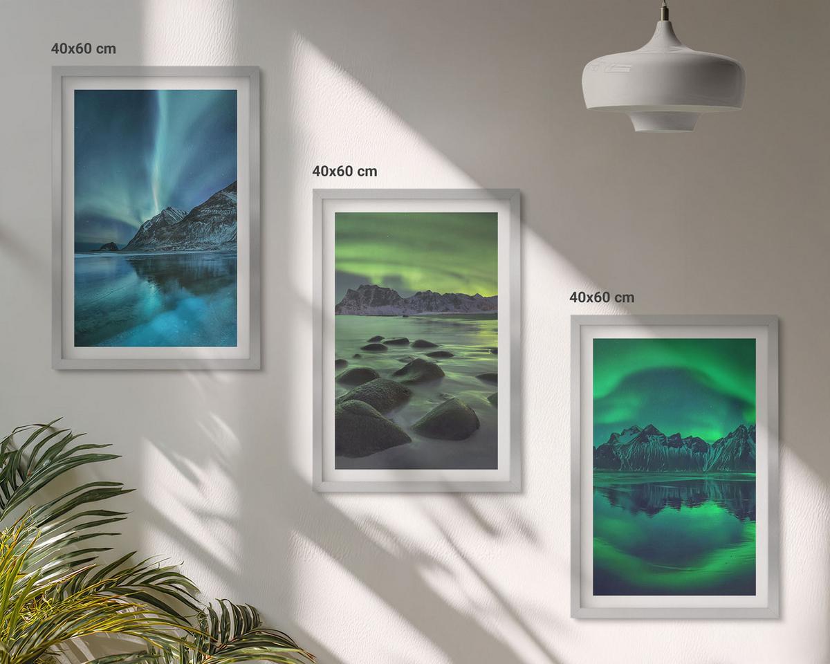BILDER SET 3er Set - 40x60 cm Silberner Rahmen - Winterlandschaft der Aurora borealis - Silberfarben, Kunststoff (40/60cm) - TULUP