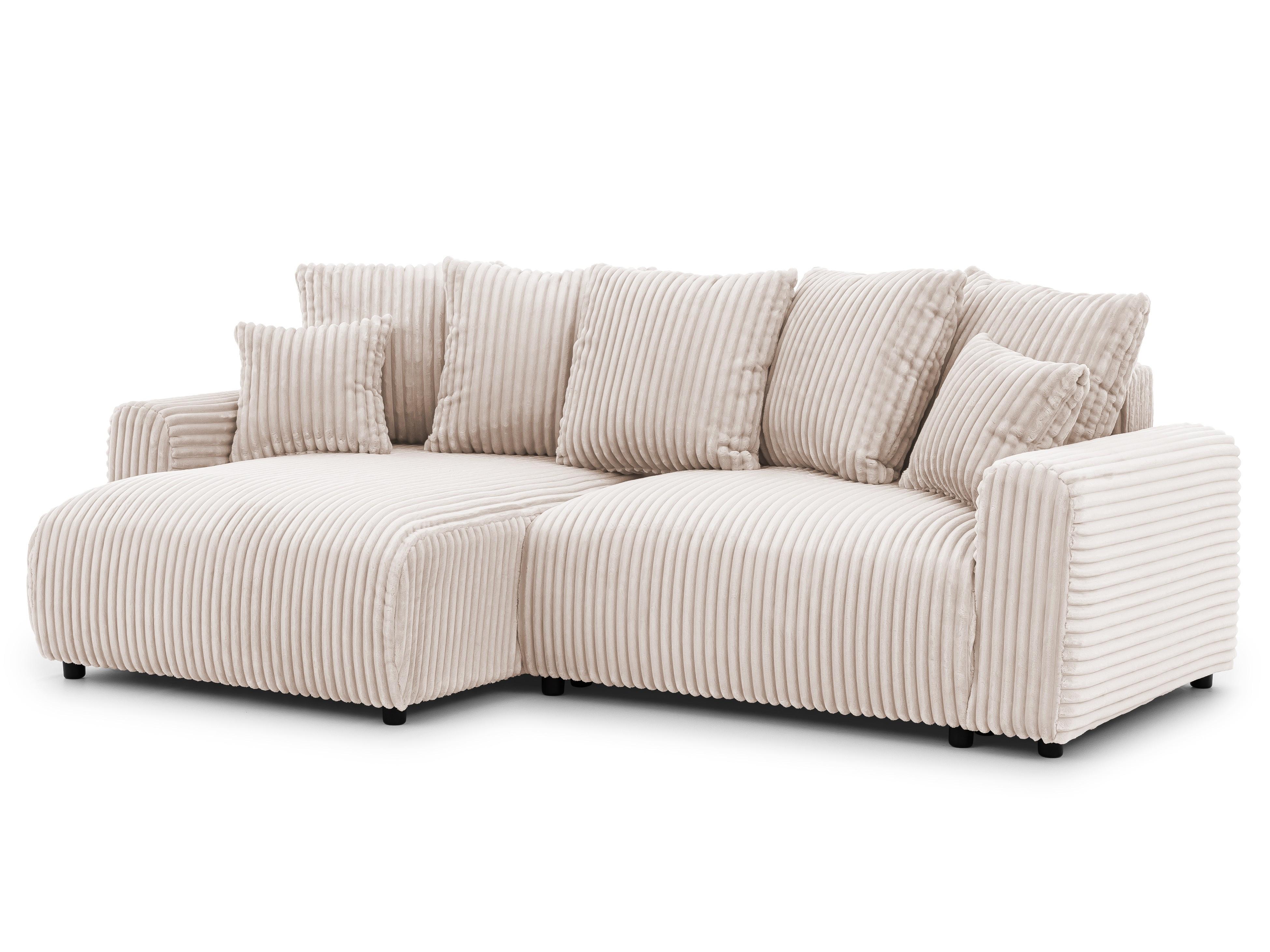 ECKSOFA Calma mit Schlaffunktion und Bettkasten im Bumpy-Design aus weichem Hellbeige Plüschcord - Ottomane links - Beige/Schwarz, Holz/Kunststoff (239/140cm) - S-Style