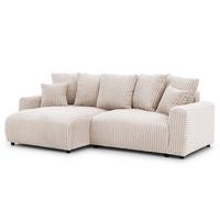 ECKSOFA Calma mit Schlaffunktion und Bettkasten im Bumpy-Design aus weichem Hellbeige Plüschcord - Ottomane links - Beige/Schwarz, Holz/Kunststoff (239/140cm) - S-Style