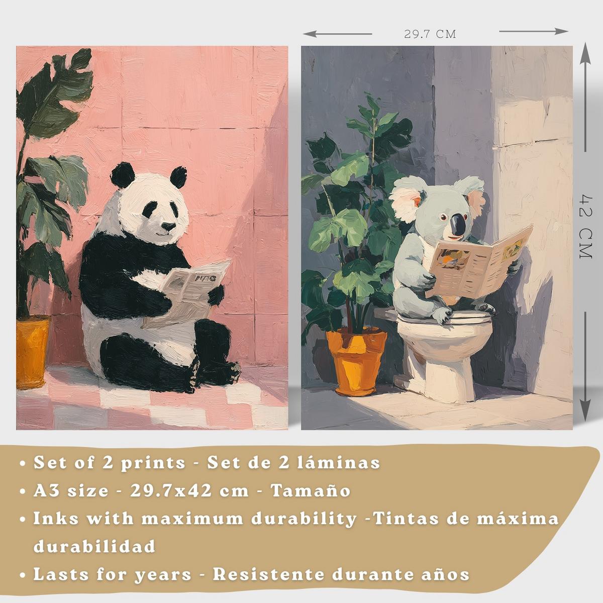 POSTER 2er-Set dekorative Badezimmer-Kunstdrucke und lustige für Wand, Toilette mit lesenden Tieren im Badezimmer, Stil Leichter Holzrahmen A3 - Beige, Papier (42/29.7/3cm) - Nacnic