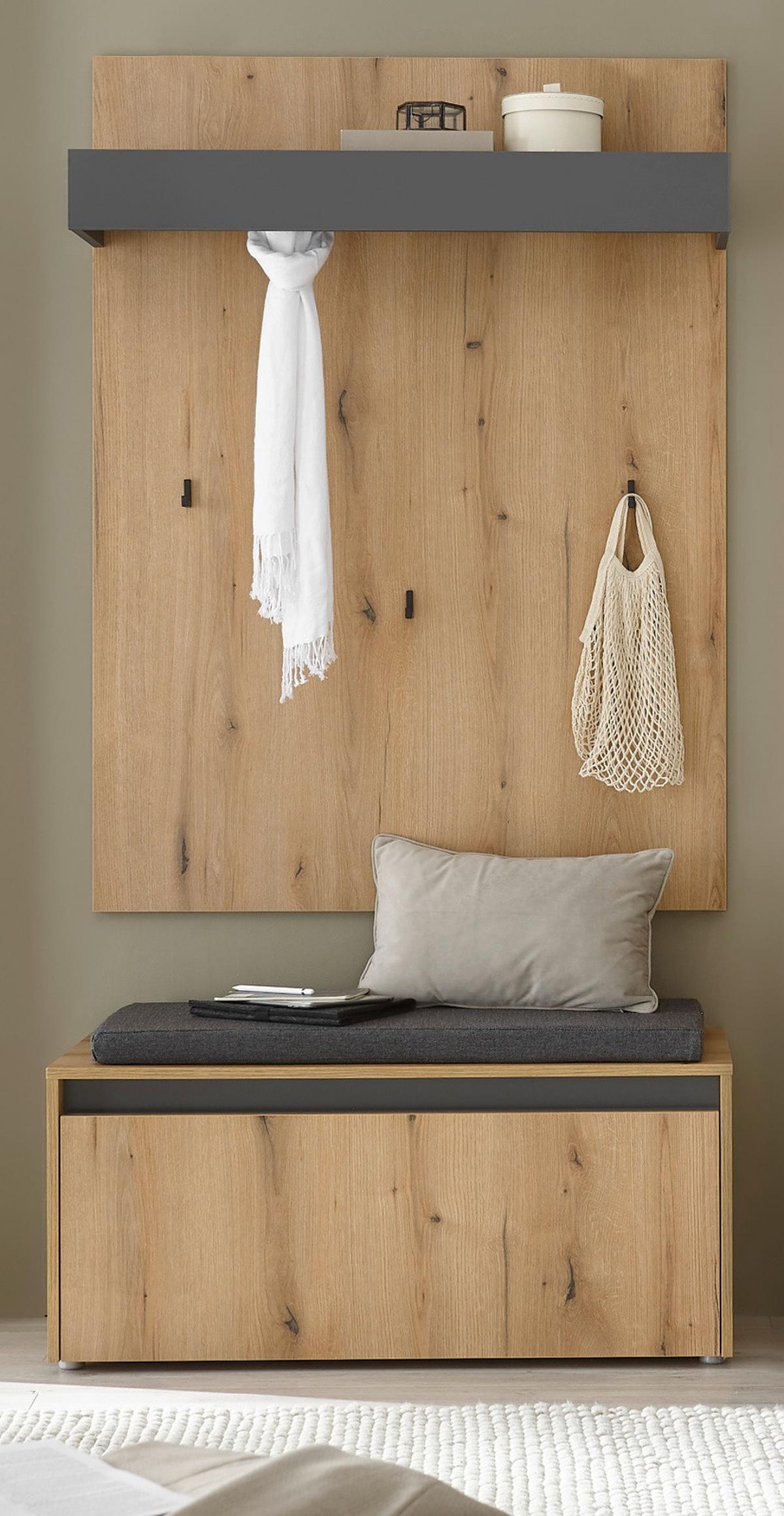 GARDEROBEN-SET Evoke Eiche, grau 100 cm 3-teilig, Flurgarderobe inkl. Sitzkissen - Eichefarben/Schwarz, Holzwerkstoff/Kunststoff (100/200/40cm) - Furn.Design