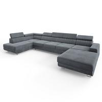 WOHNLANDSCHAFT GAIAN Grau Velours-Stoff mit Schlaffunktion - Grau, Holz (412/88/190cm) - MASSENO