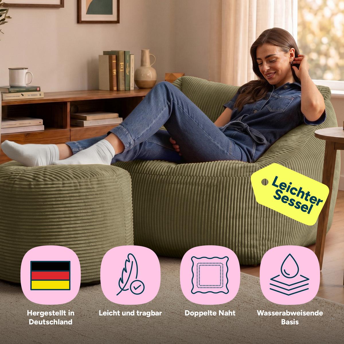 SITZSACK Sessel Natalia mit Sitzpouf - Salbeigrün, Textil (97/73/84cm) - icon