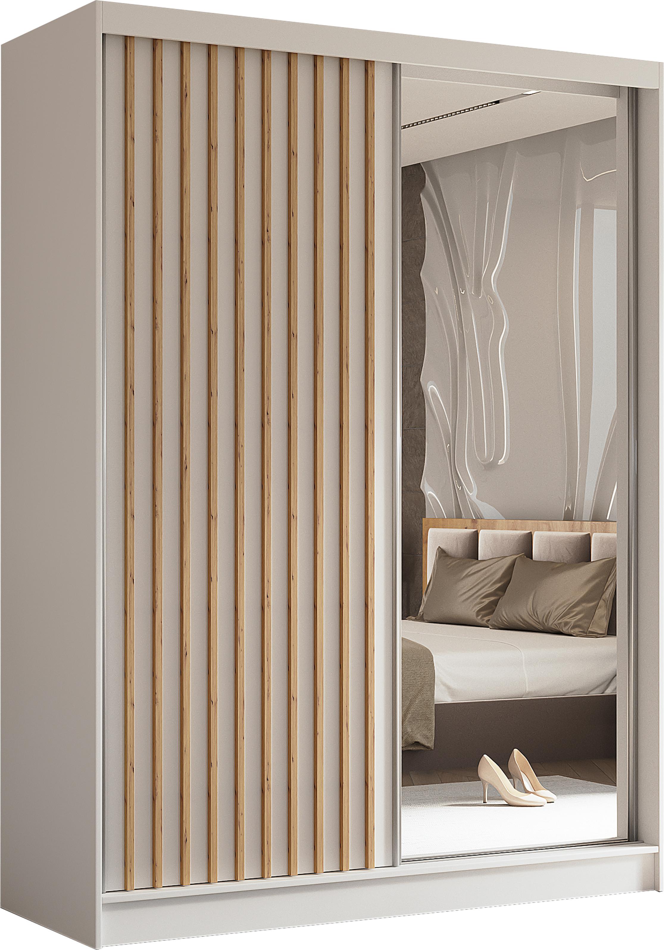 SCHWEBETÜRENSCHRANK Cabinio Weiß Eiche Artisan 160/216/61 cm – mit Spiegel und Lamellen - Walnussfarben/Weiß, Holzwerkstoff/Kunststoff (160/216/61cm) - AX Living