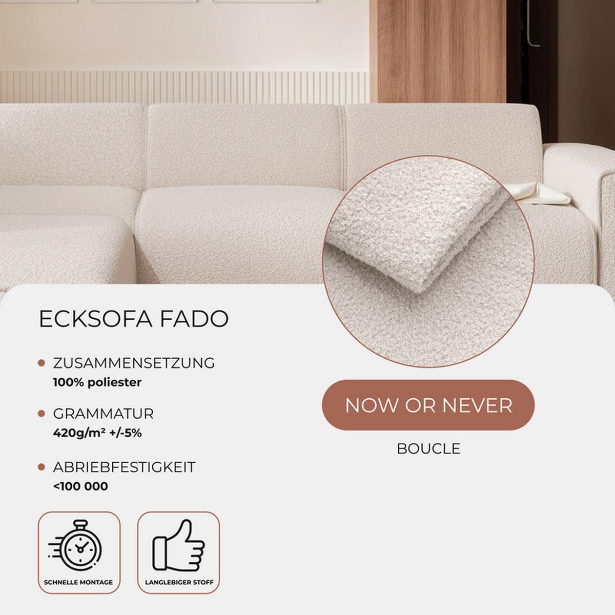 ECKSOFA ZAVO Links Feiner Mischstoff in Creme - Creme, Kunststoff/Textil (310/218cm) - Idohome