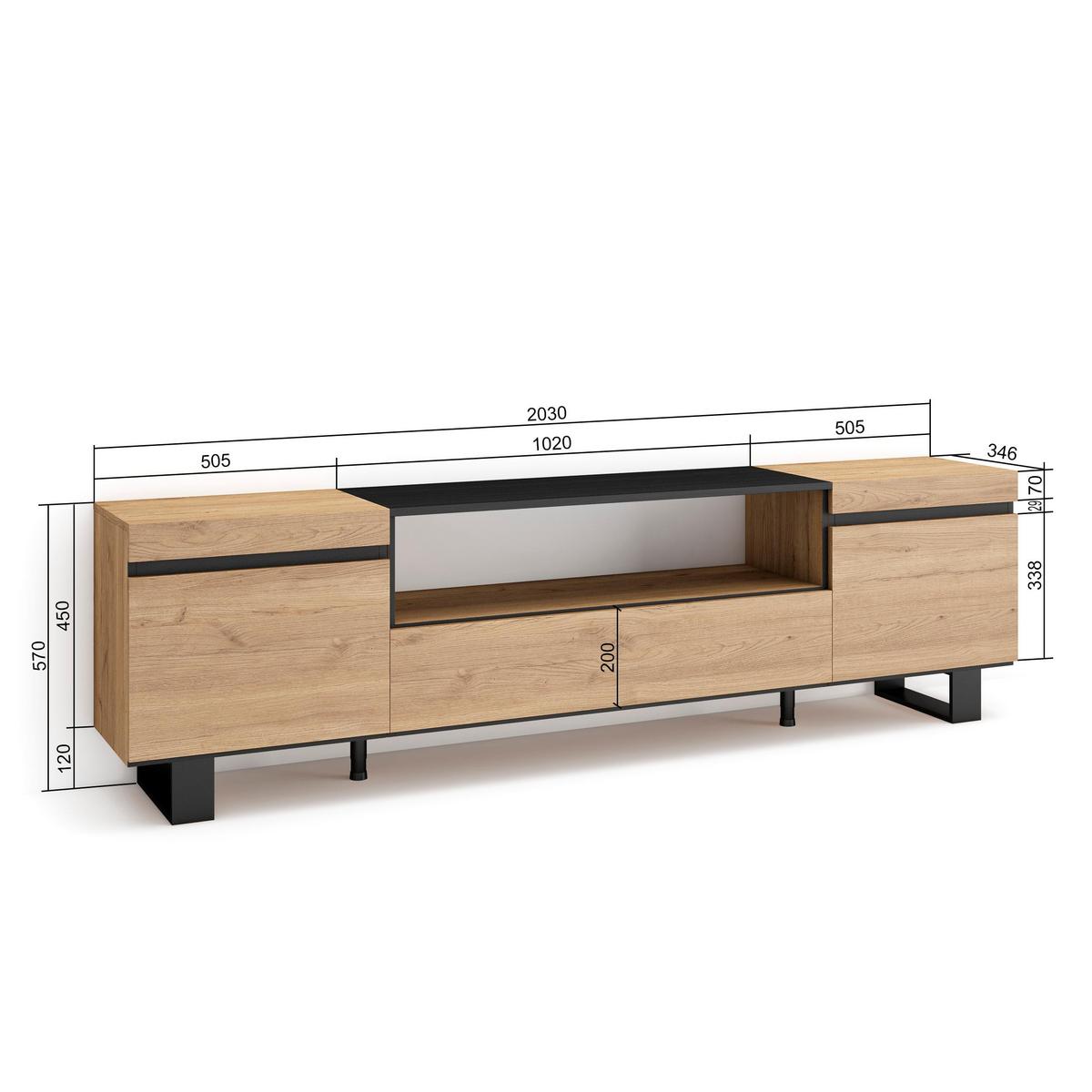 LOWBOARD, Eiche, Schwarz, 200/35/57cm - Eichefarben/Schwarz, Holzwerkstoff (200/57/35cm) - Skraut Home
