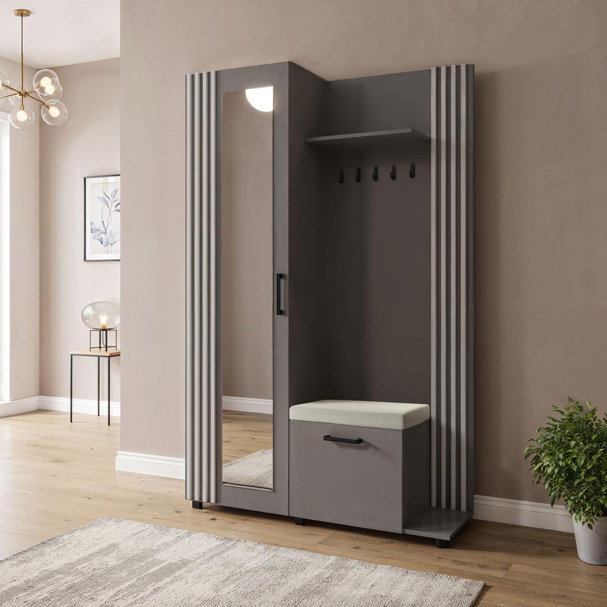 GARDEROBE Linaro mit Spiegel, Sitzbank in Lamellen-Optik 137/207/42 cm, Rechts - Schwarz/Grau, Holzwerkstoff (137/207/42cm) - WFL GROUP