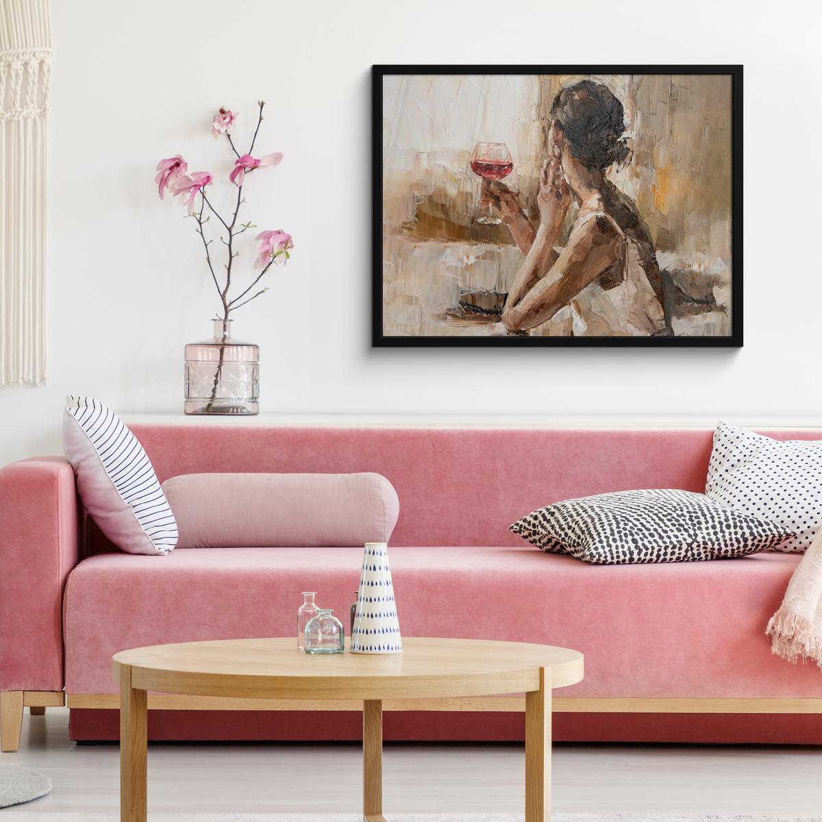 POSTER MIT RAHMENGERAHMTES BILD Ölgemälde - Frau - Wein 80x60 cm - Hellbraun, Papier (80/60cm) - MuchoWow