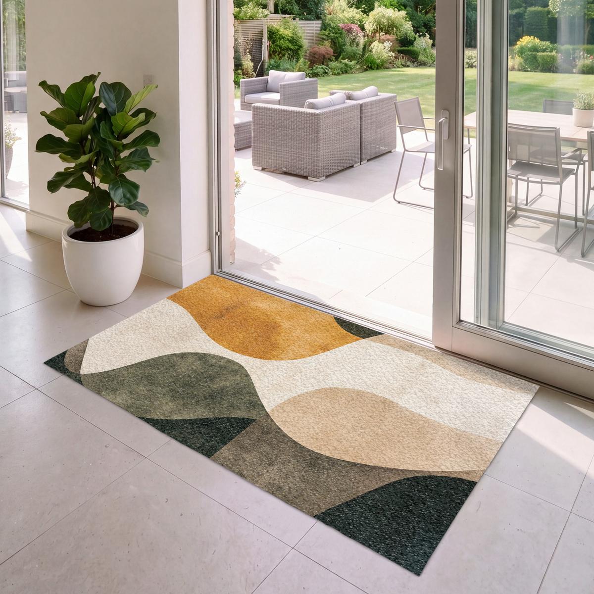 FUSSMATTE Formen - Ockergelb - Abstrakt Flurteppich 150x90 cm - Multicolor, Kunststoff (150/0.4cm) - MuchoWow