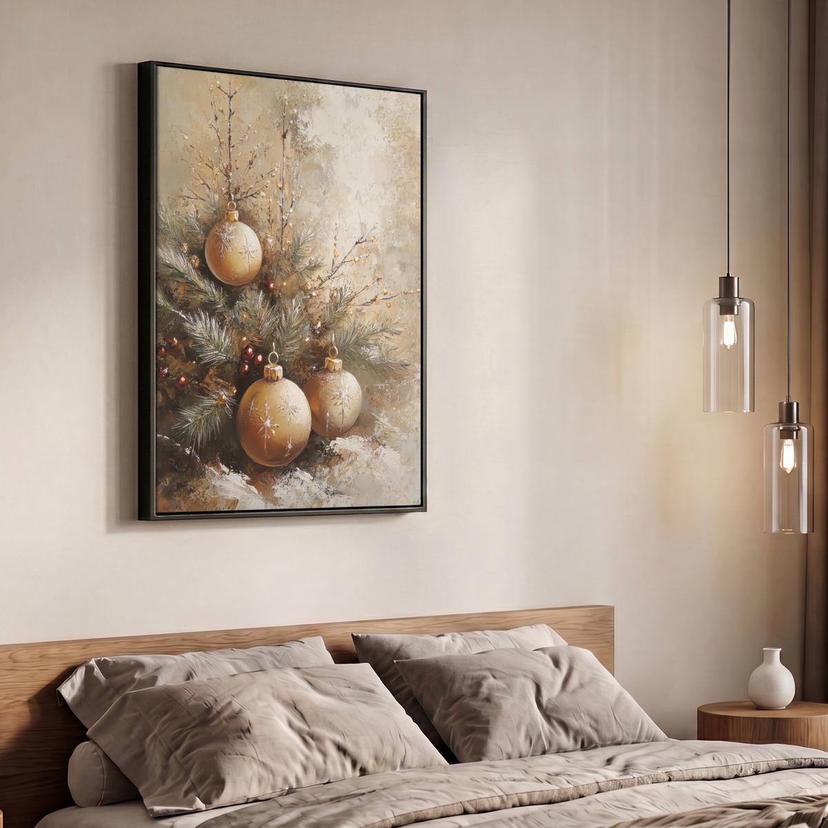 LEINWAND Bilder mit Rahmen - Weihnachten - Kugeln - Beige - Gold - 70x100 - Goldfarben, Textil (70/100cm) - MuchoWow