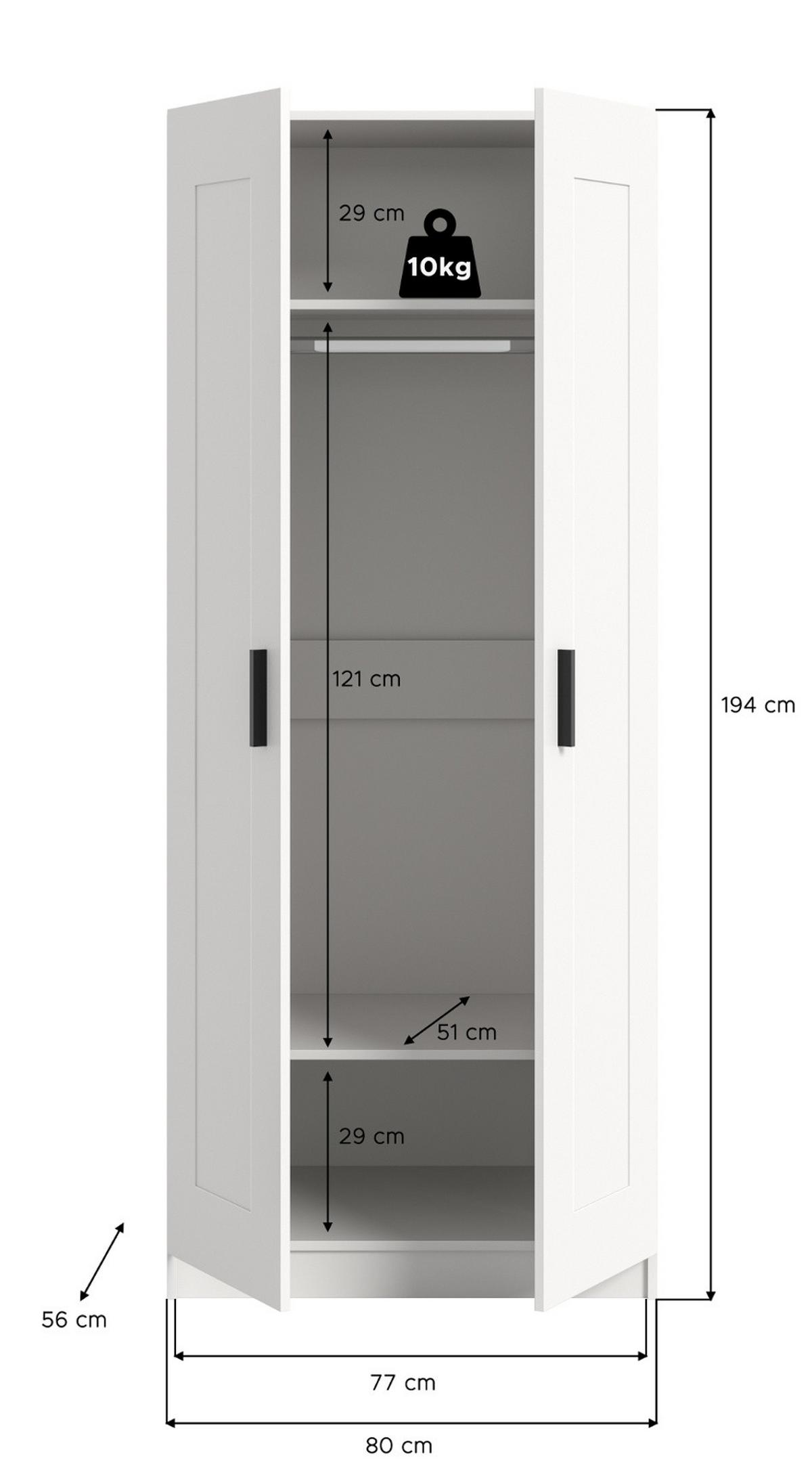 KLEIDERSCHRANK in weiß 80 x 194 cm, Drehtürenschrank 2-türig skandinavisch - Schwarz/Weiß, Holzwerkstoff/Kunststoff (80/194/56cm) - Inn.Furn