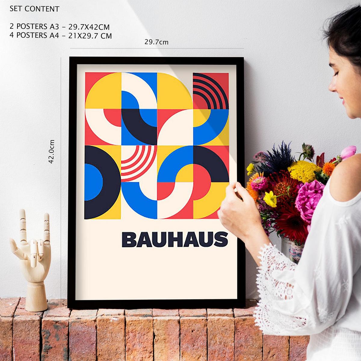 POSTER Set Mit 6 Drucken Im Bauhaus 4 Geometrische Designkollektion Drucke Mit Ästhetische Dekorative Für Zuhause A3 & A4 Rahmen Aus Hellem Holz - Beige, Papier (29/3cm) - Nacnic