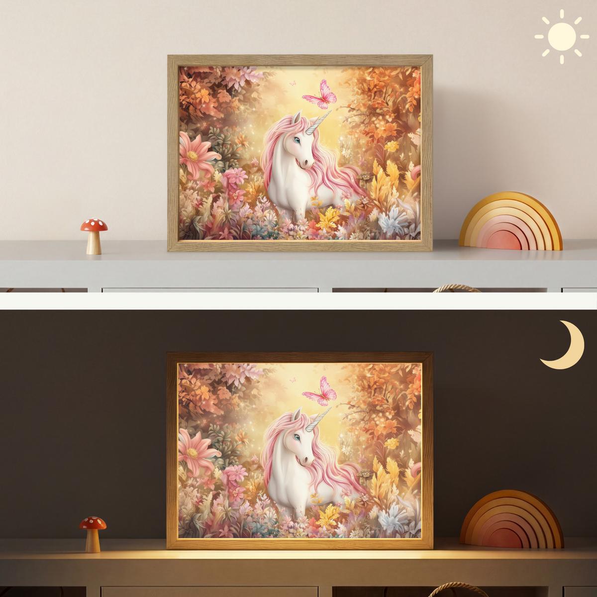 WANDLEUCHTE MIT AKKU Einhorn - Blumen - Schmetterling - Rosa 40x30 cm - Beige, Holzwerkstoff (40/30/8cm) - OnlyWow
