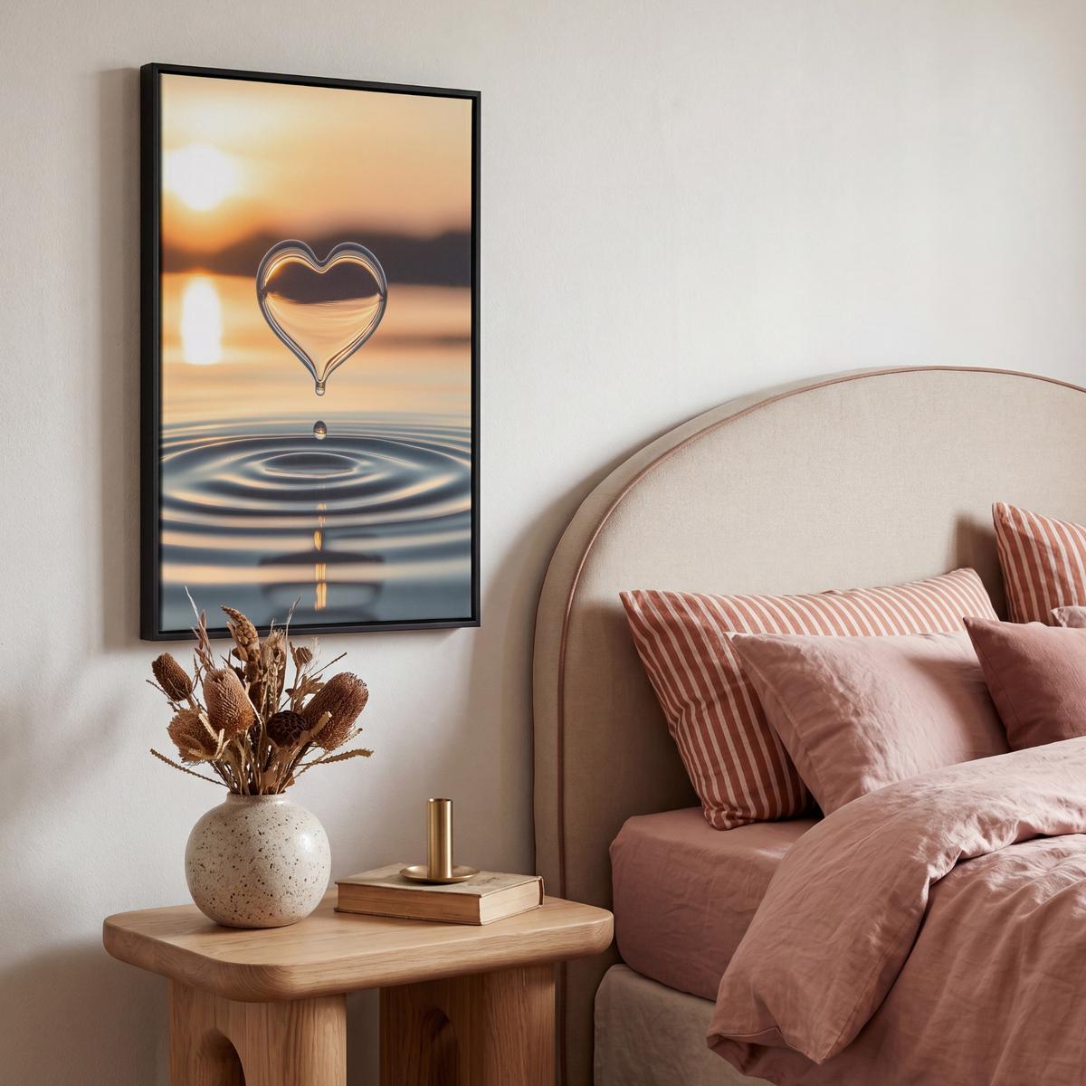 LEINWAND Bilder mit Rahmen - Herz - Wasser - Sonnenuntergang - Natur - Zen - 40x60 - Bernsteinfarben, Textil (40/60cm) - MuchoWow