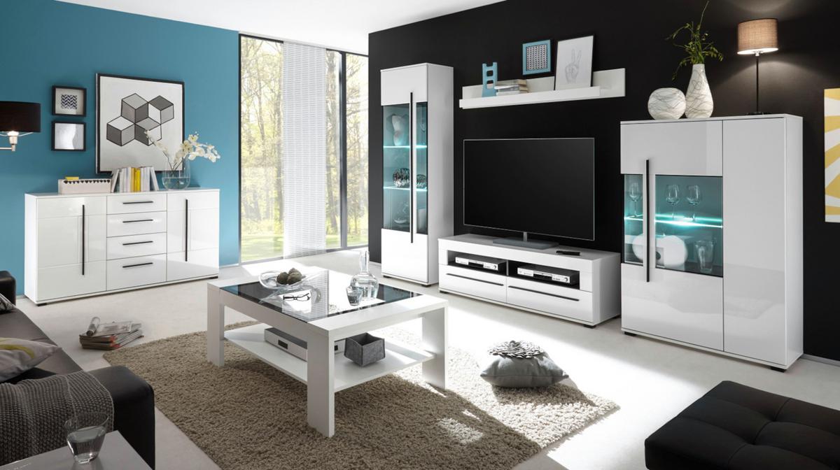 WOHNWAND weiß Hochglanz 3-teilig 290 cm, Anbauwand mit Soft-Close - Weiß Hochglanz/Schwarz, Glas/Holzwerkstoff (290/200/42cm) - Furn.Design