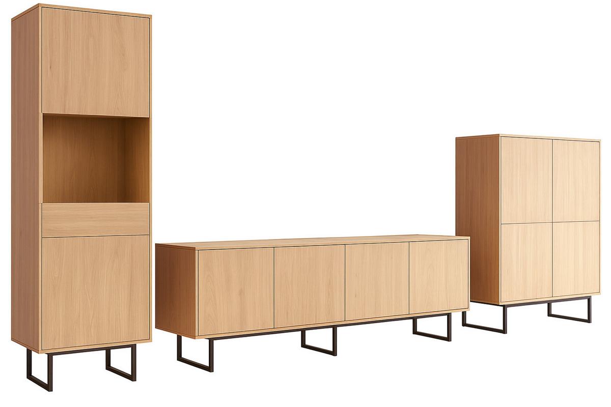 WOHNWAND Stone Eiche, 3-teilig 400 cm, Schrankwand mit Push-to-Open - Eichefarben/Schwarz, Holzwerkstoff/Metall (400/200/40cm) - Furn.Design