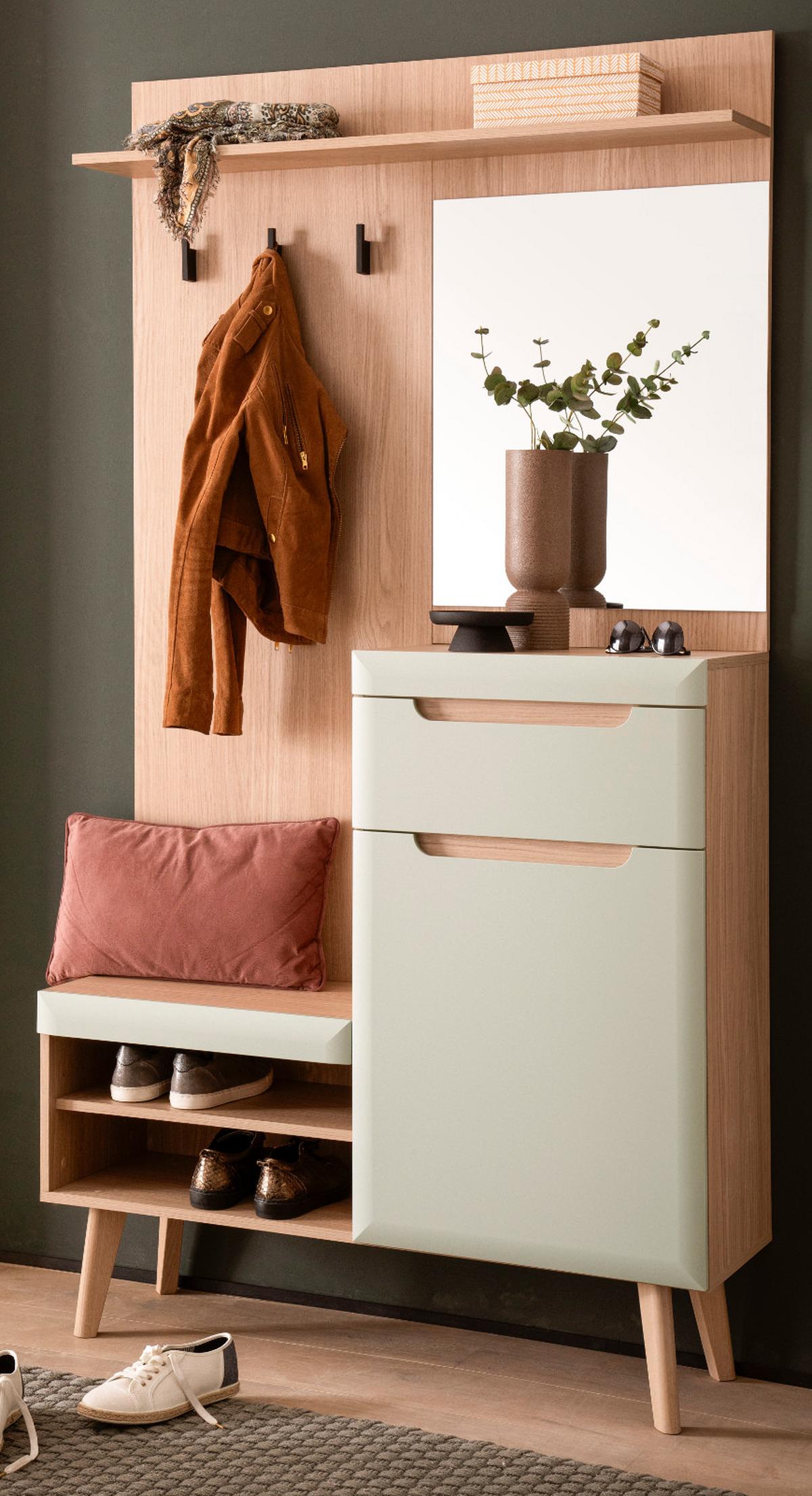 GARDEROBEN-SET Pistazie matt, Scandi Eiche, Kompaktgarderobe skandinavisch 110 x 197 cm - Eichefarben/Pastellgrün, Glas/Holz (107/197/34cm) - Furn.Design